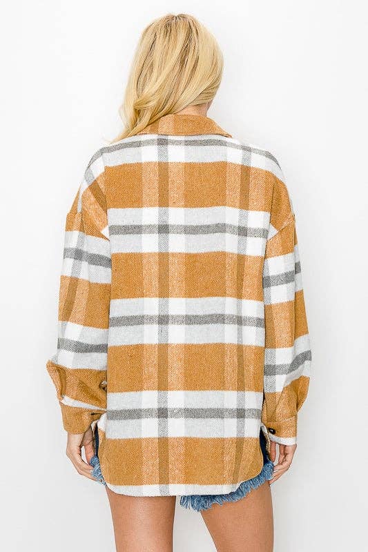 Plaid Button Down Shacket Shirt Jacket khaki2