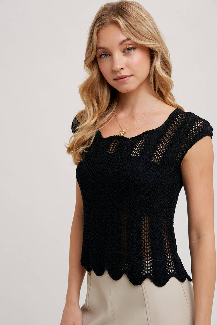 Bluivy Eyelet Scalloped Hem Top - Black