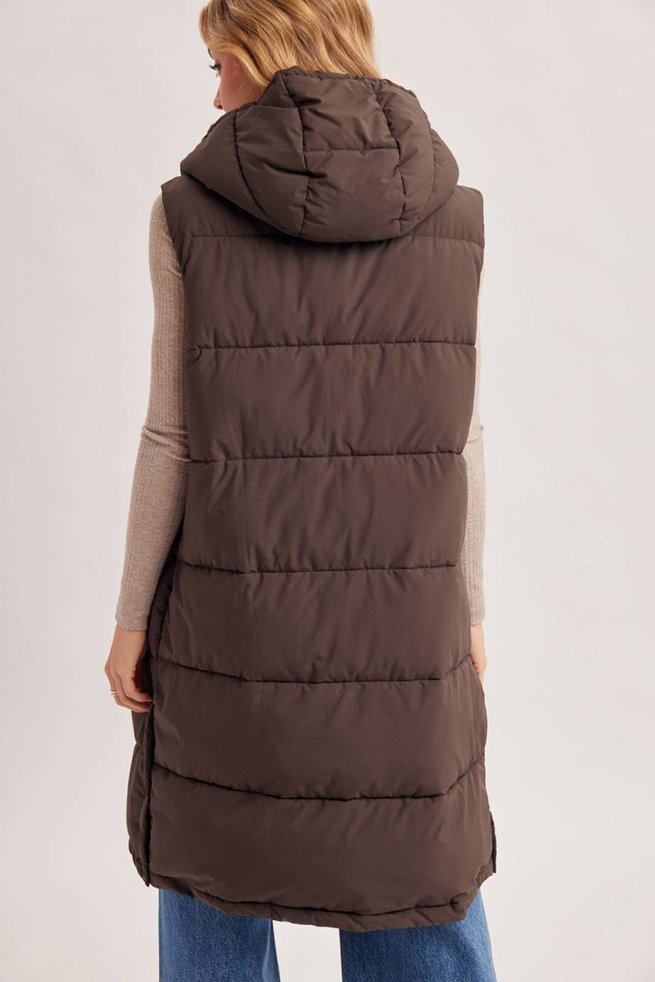 Bluivy Detachable Hood Longline Quilted Puffer Vest in Ash Brown baCK