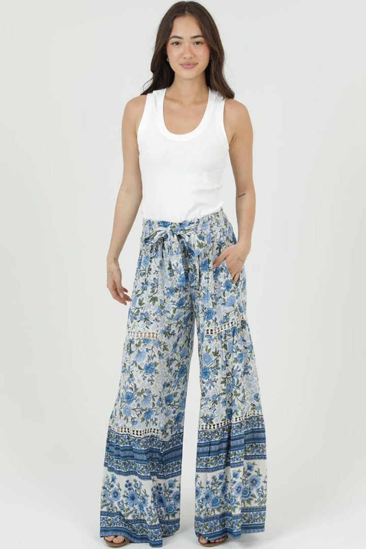 Angie Printed Wide Leg Pants  in Ivory-Periwinkle