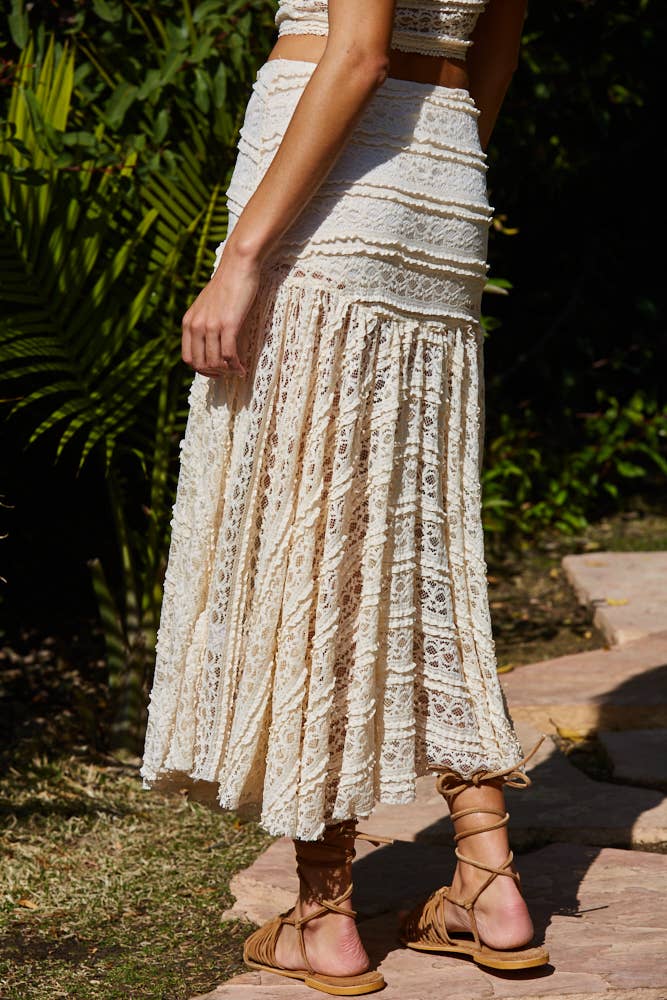 By Together - Knit Nylon Spandex Lace Maxi Skirt in Cream 1