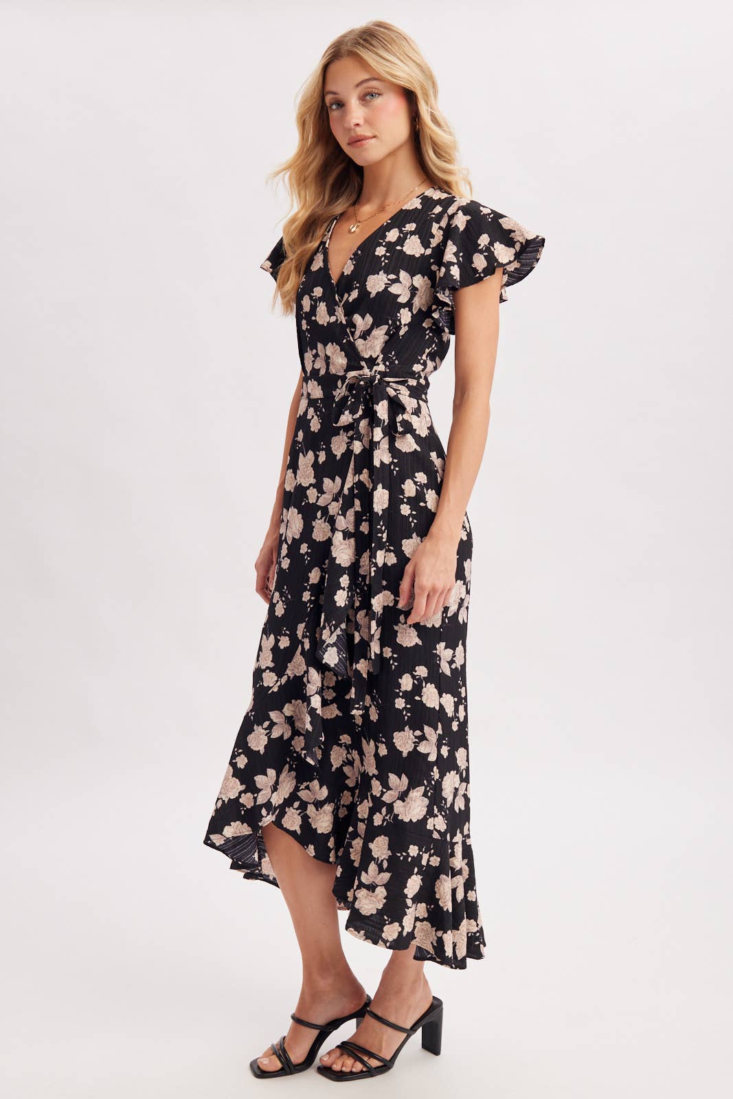 Bluivy Floral Ruffle Wrap Midi Dress in Black 6