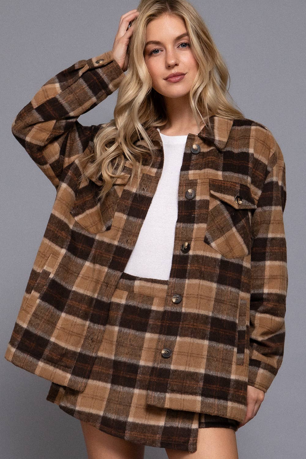 Inside Faux Fur Brushed Plaid Jacket Khaki/Brown 