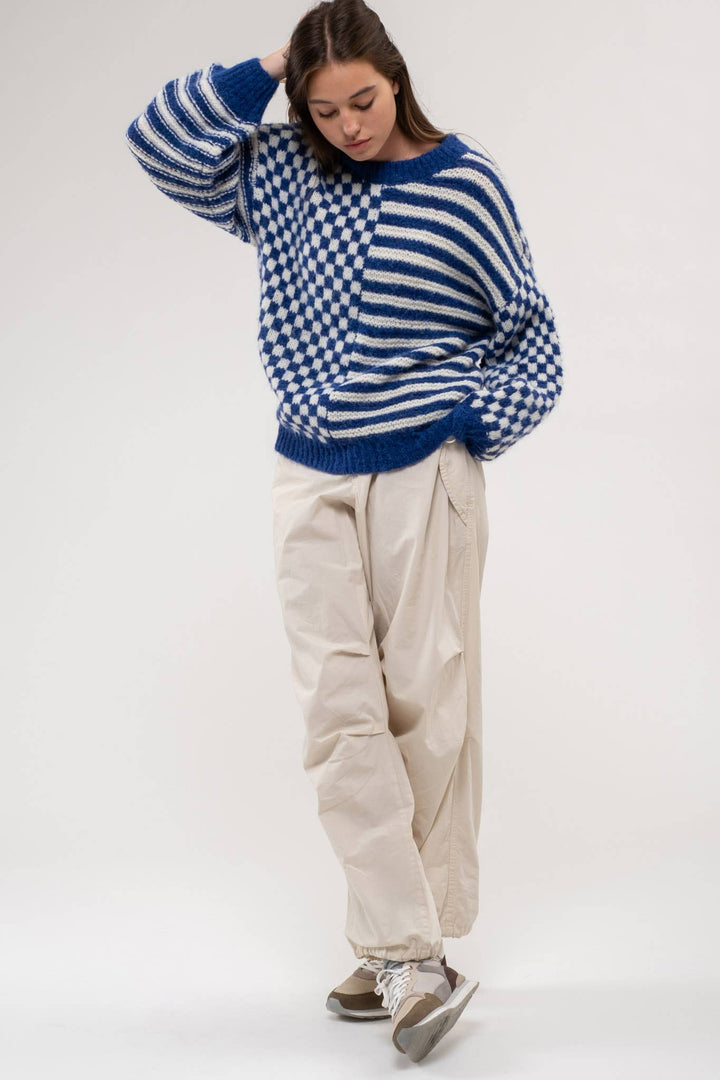 Blu Pepper Stripe Checkered Sweater