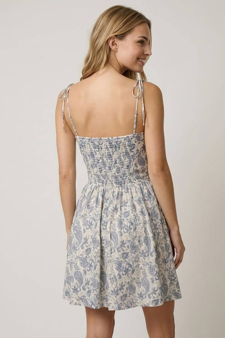 Doe and Rae Pleated Torso Fit and Flare Mini Dress in Ivory/Denim back