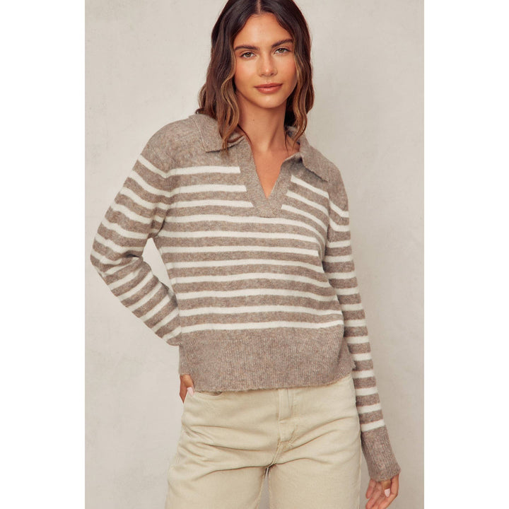Soft And Fuzzy Striped Polo Sweater Toffee/Cream