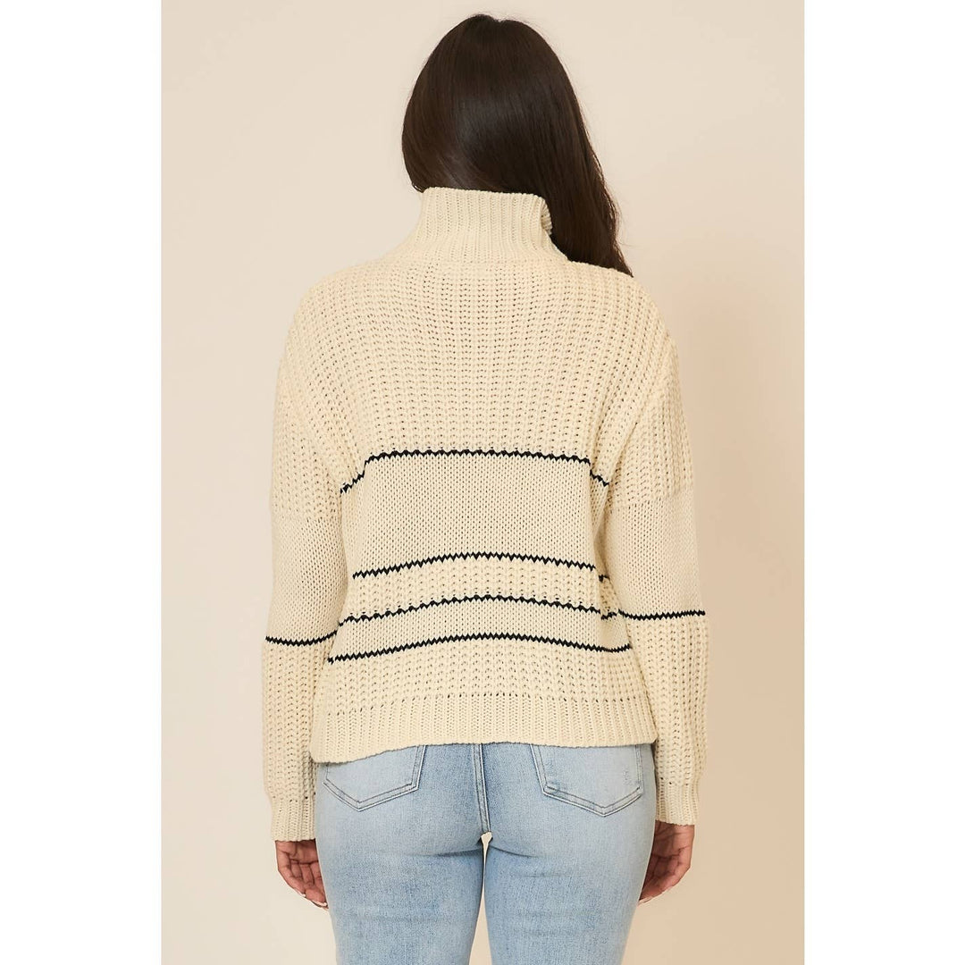 Button Up Knit Sweater with Contrast Stripes Cream 1