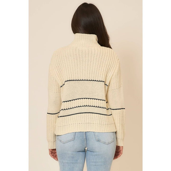 Button Up Knit Sweater with Contrast Stripes Cream 1