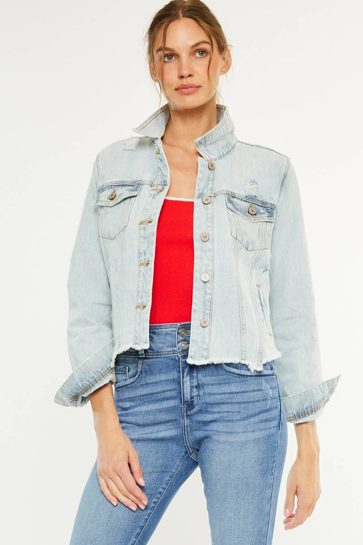 Kan Can USA Distressed Fray Hem Denim Jacket in Light Wash