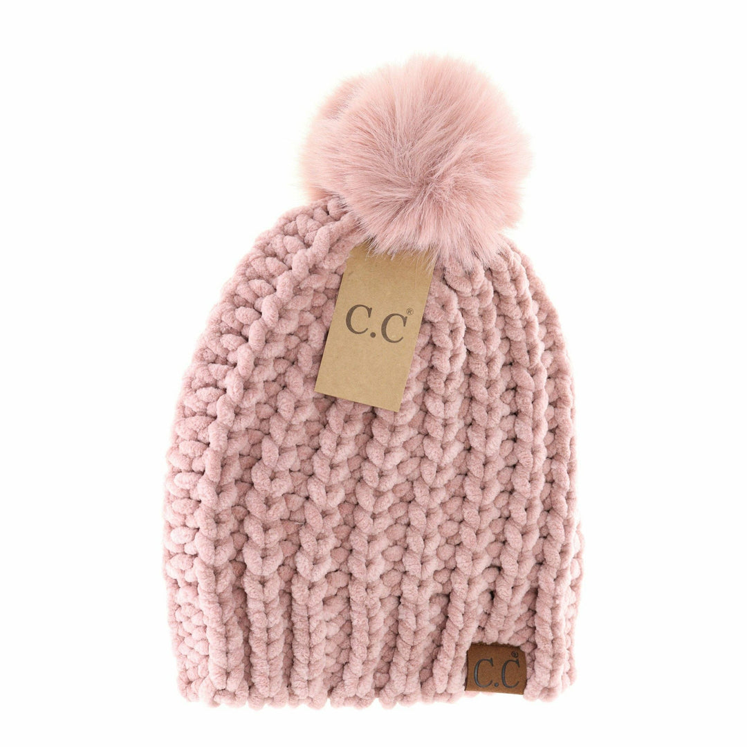 Chenille Chunky Knit Pom Beanie Rose
