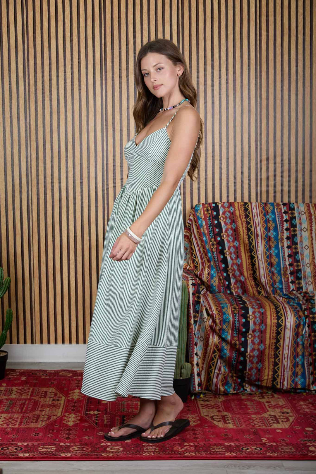 Blu Pepper - Stripe Spaghetti Strap Basque Waist Midi Dress in Green side