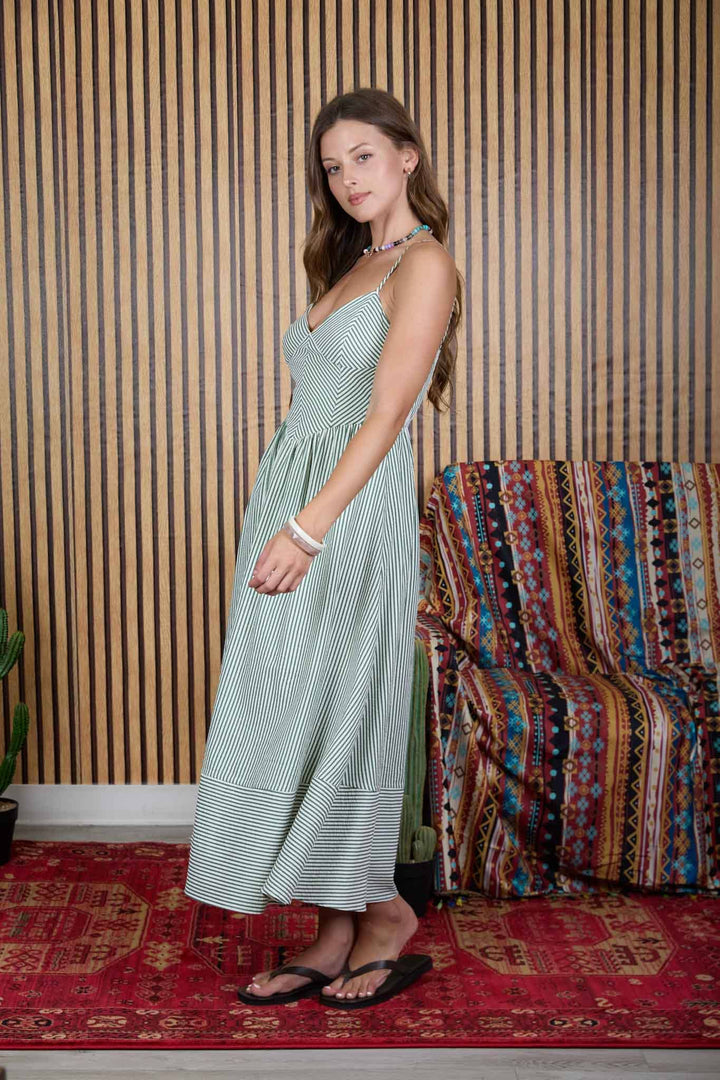 Blu Pepper - Stripe Spaghetti Strap Basque Waist Midi Dress in Green side