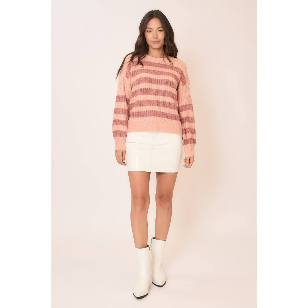 Striped Brushed Knit Crew Neck Sweater Blush 2