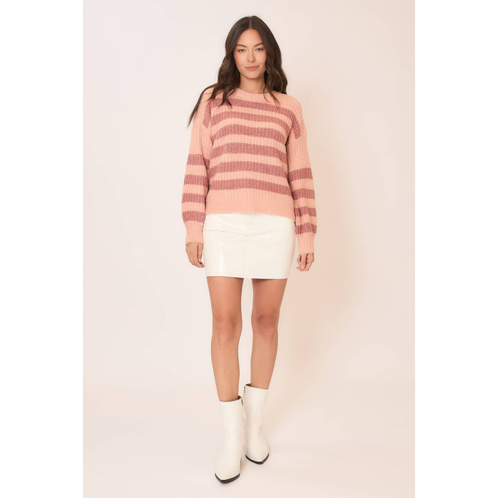 Striped Brushed Knit Crew Neck Sweater Blush 2