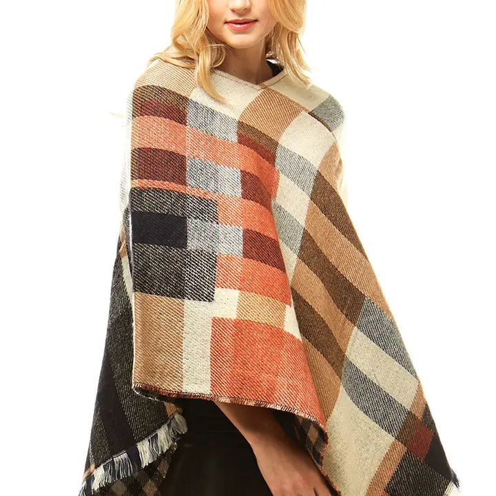 Plaid Poncho With Fringes