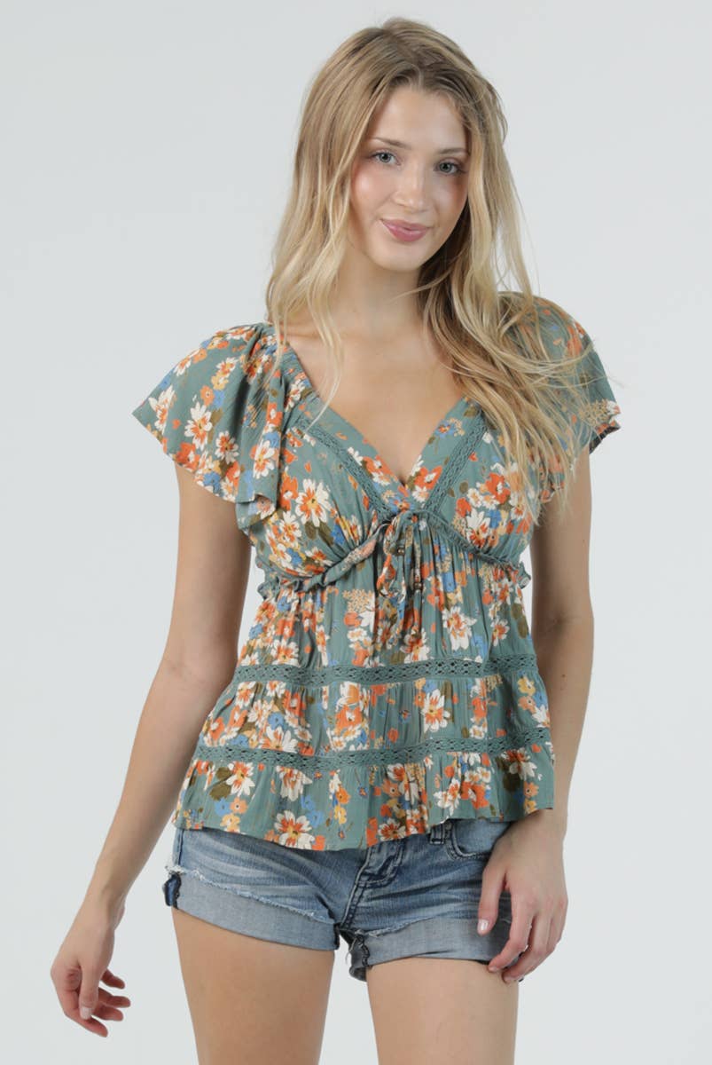 Angie Flutter Sleeve Top with Ruffle Detail and Crochet in Watercress