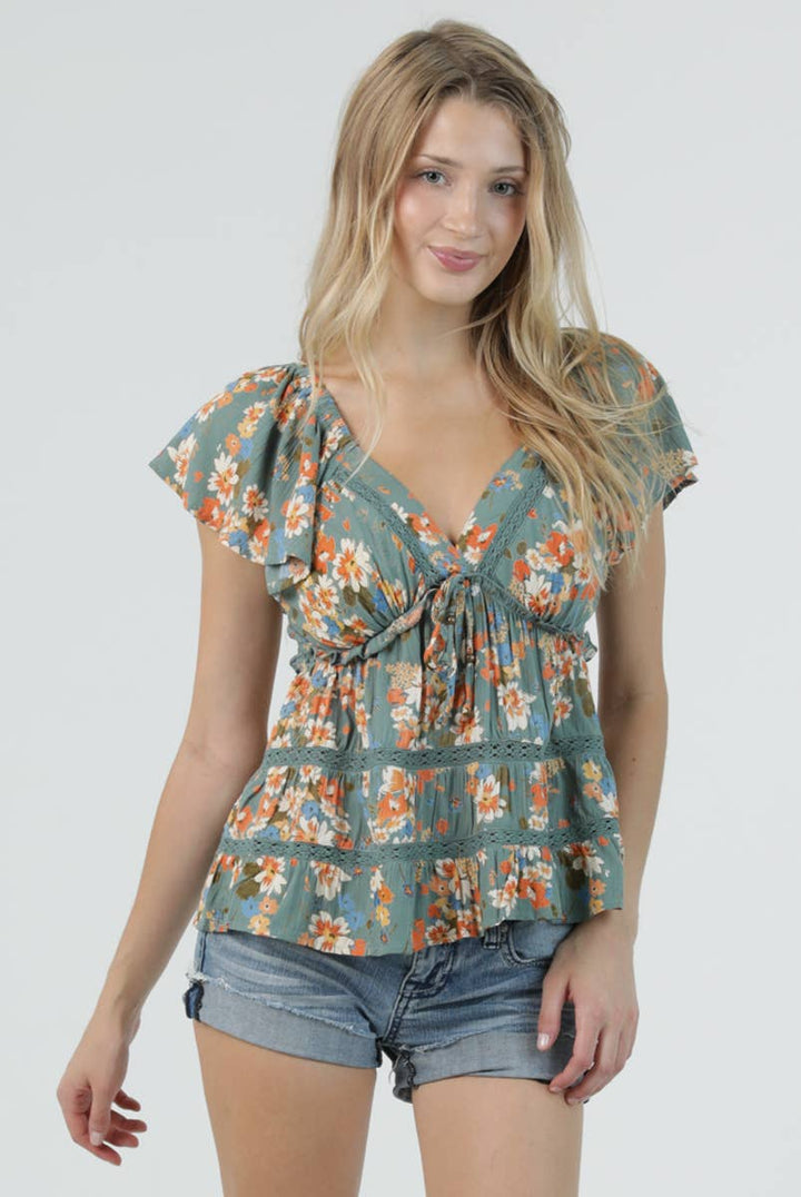 Angie Flutter Sleeve Top with Ruffle Detail and Crochet in Watercress