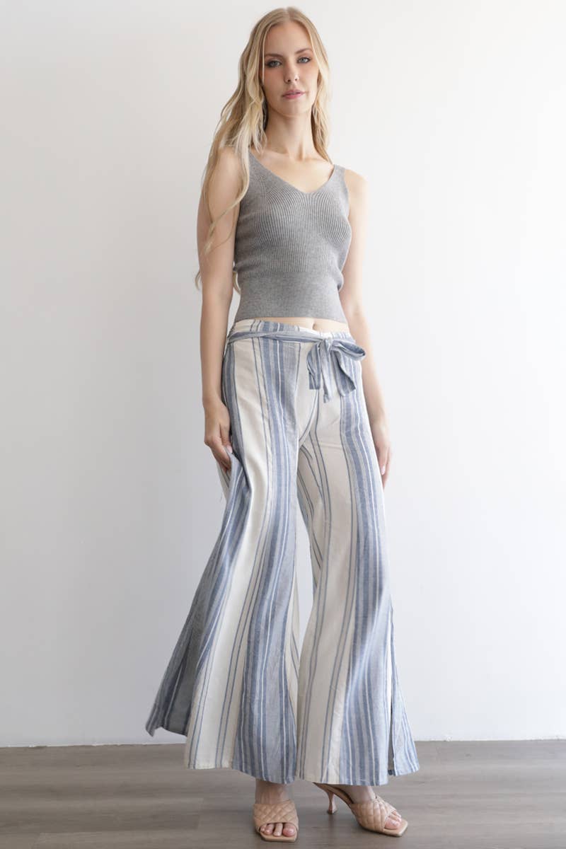 Angie Mixed Stripes Flare Leg Tie Waist Pants in Blue front