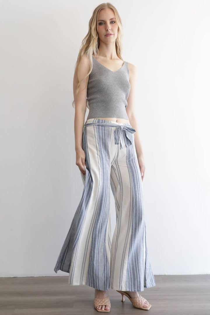 Angie Mixed Stripes Flare Leg Tie Waist Pants in Blue front
