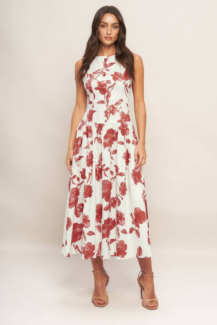 Printed Woven Midi Dress ivory