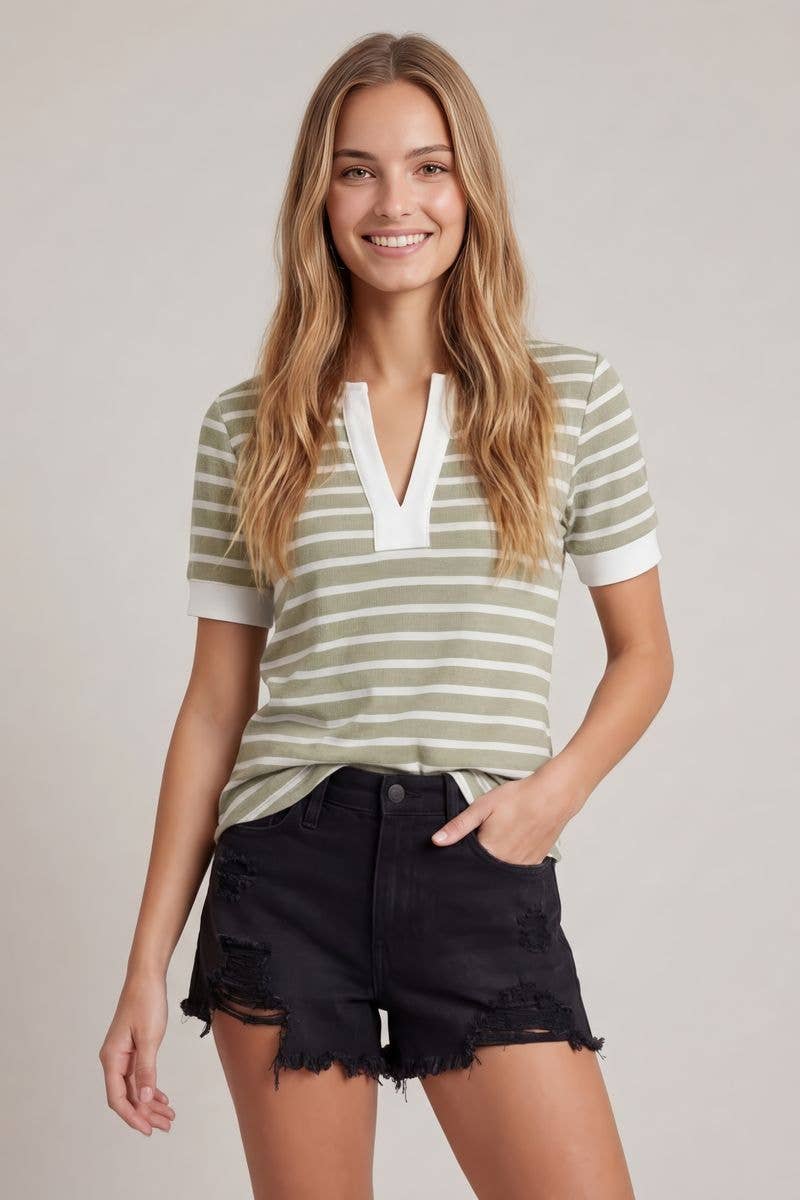 Doe and Rae Split V-Neck Striped Short Sleeve Top in Sage