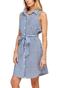 Stripe Sleeveless Tie Waist Short Dress