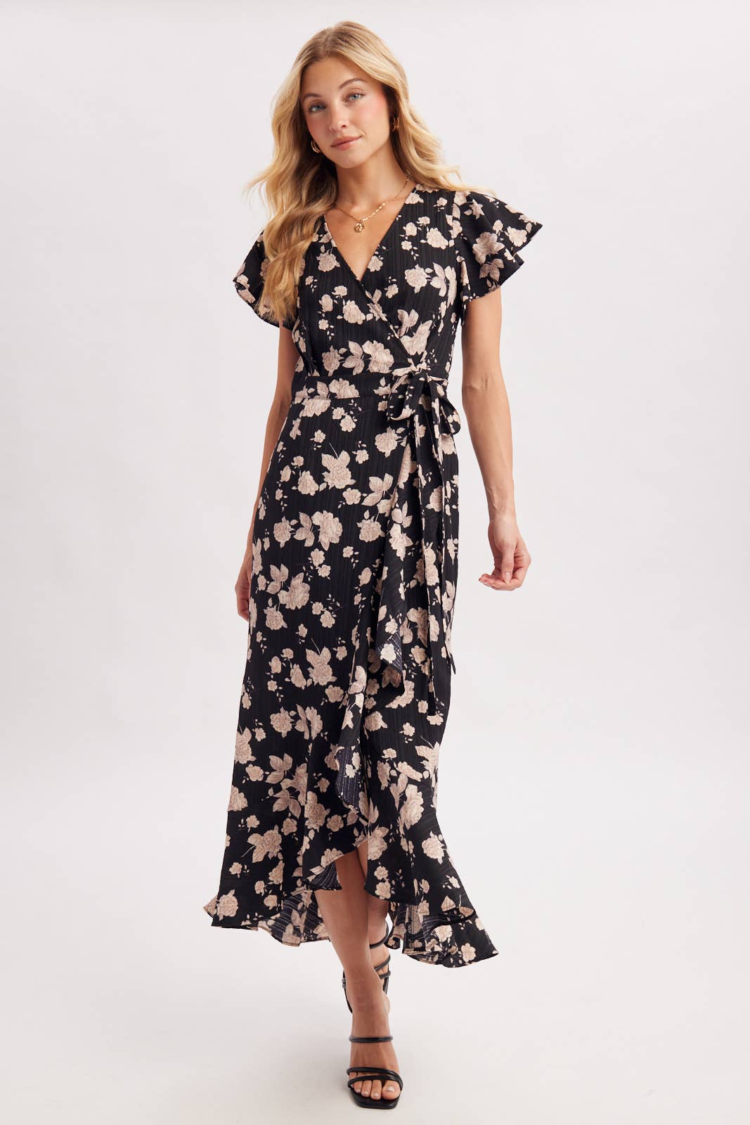 Bluivy Floral Ruffle Wrap Midi Dress in Black 3