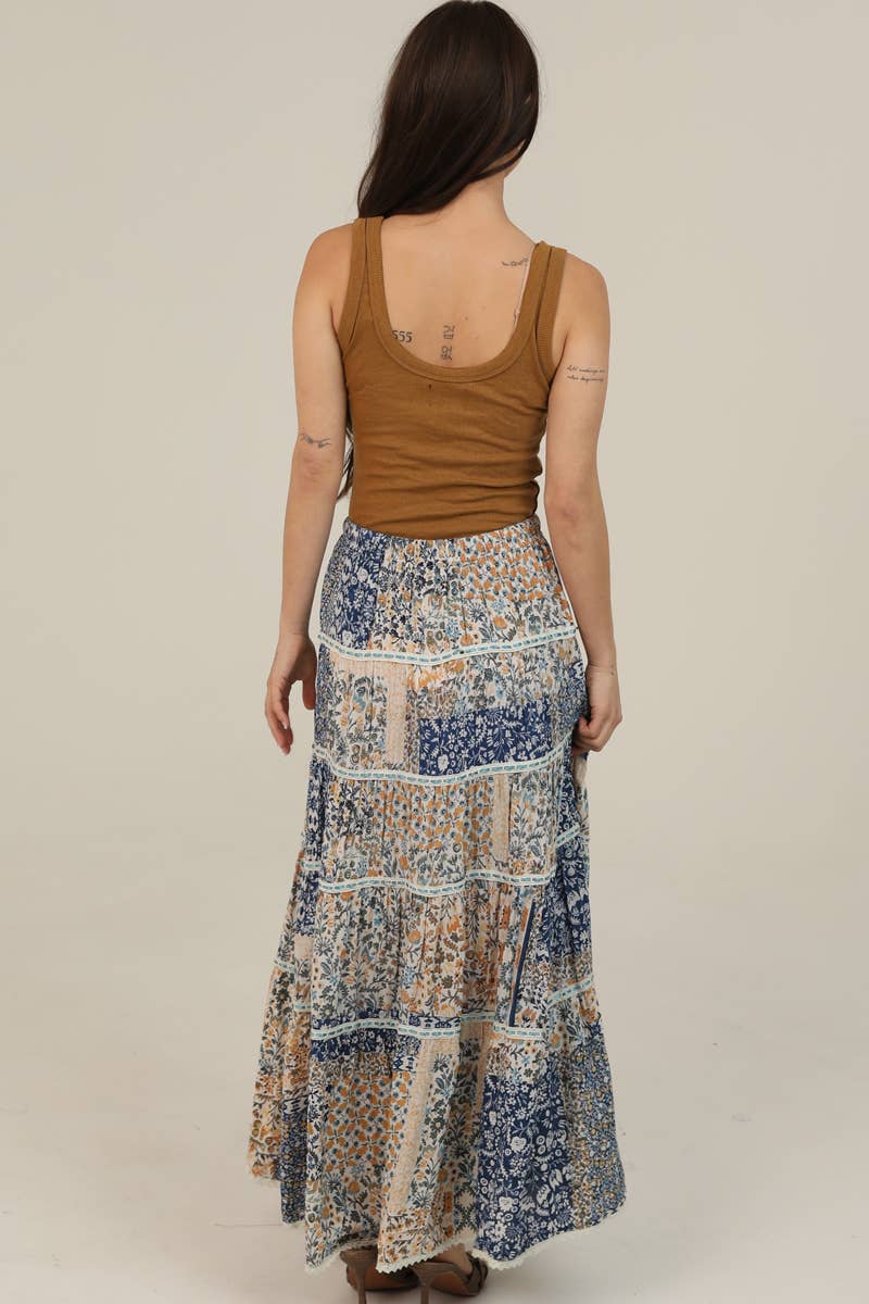 Angie Tiered A-Line Printed Maxi Skirt with Lace Trim in Blue 23