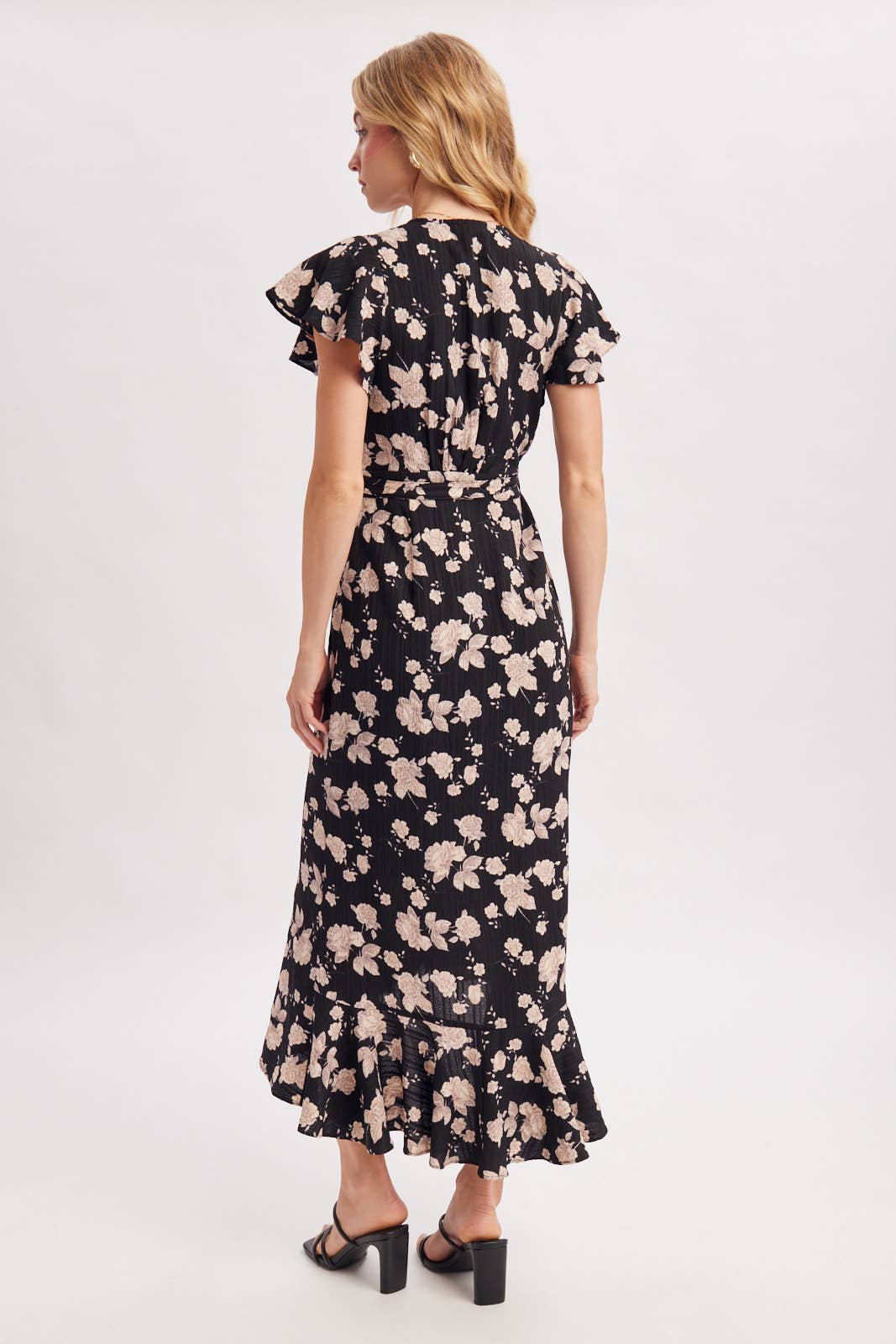 Bluivy Floral Ruffle Wrap Midi Dress in Black back