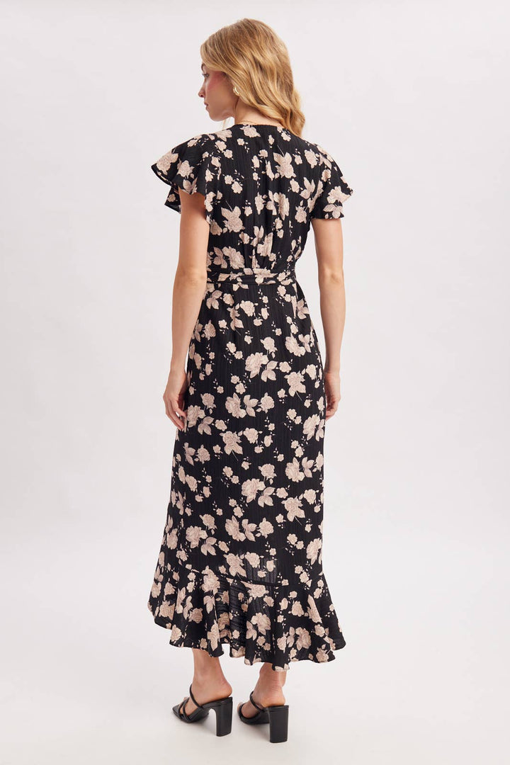 Bluivy Floral Ruffle Wrap Midi Dress in Black back