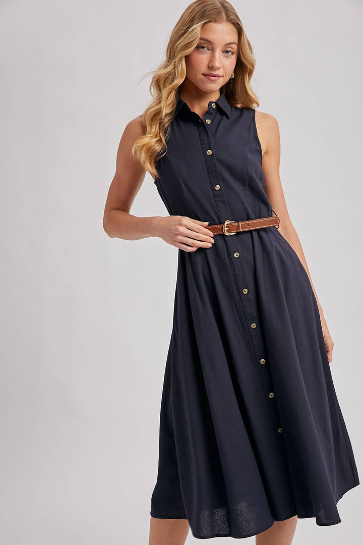 Bluivy Button Down Sleeveless Midi Dress in navy 4