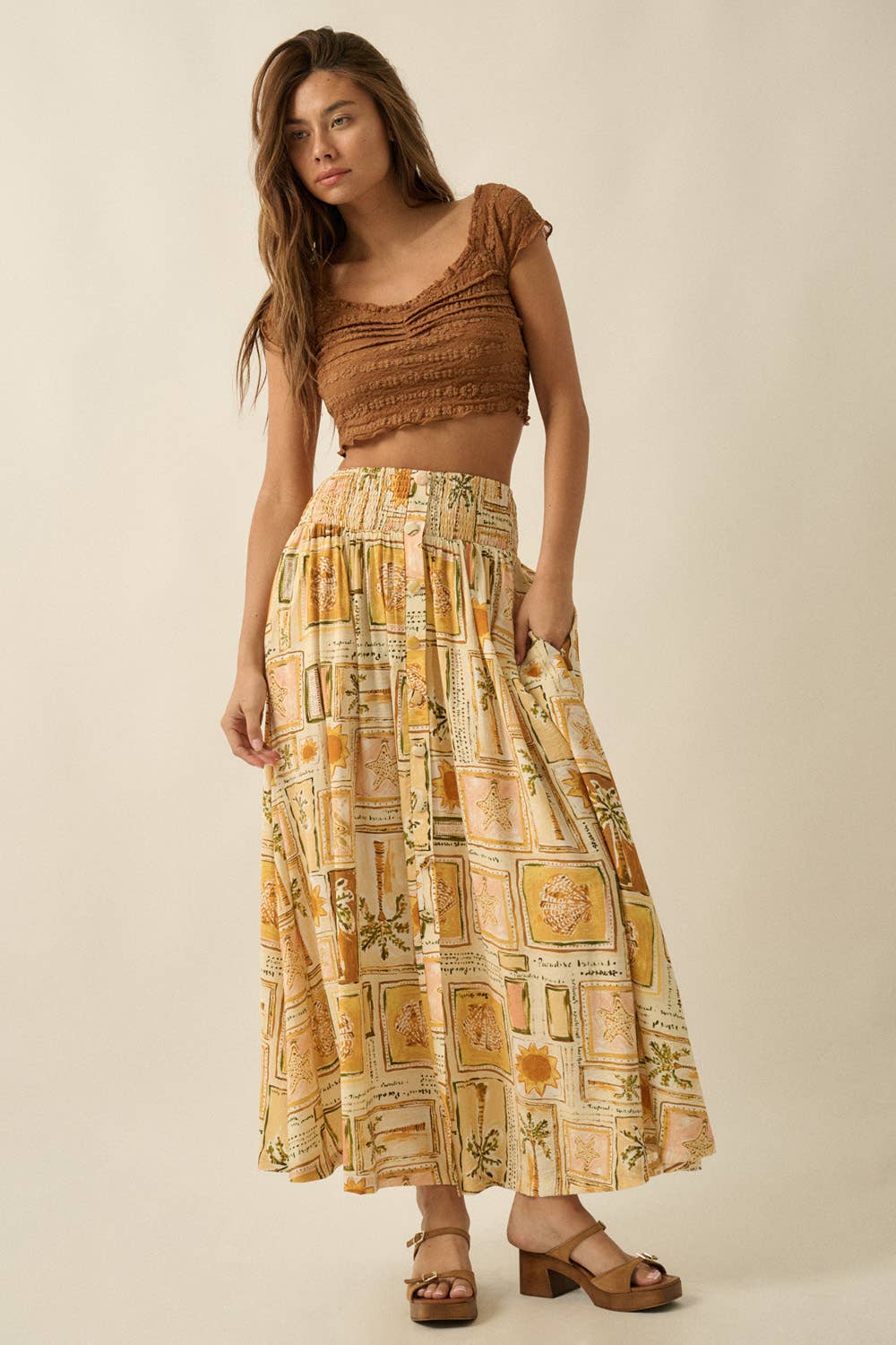 Promesa USA - Tropical-Print Smocked Maxi Skirt in Butter full body