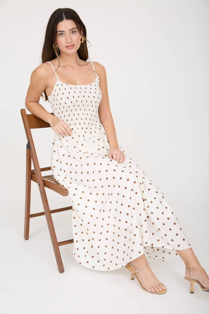 Blu Pepper - Polka Dot Smocked Basque Waist Midi Dress in White 5