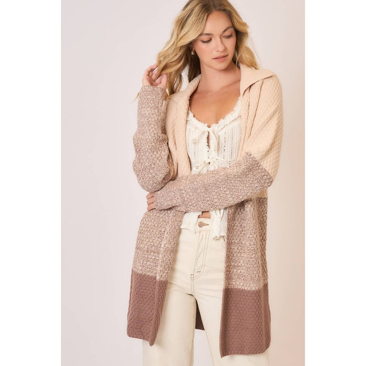 Waffle Knit Color Block Wide Collar Cardigan