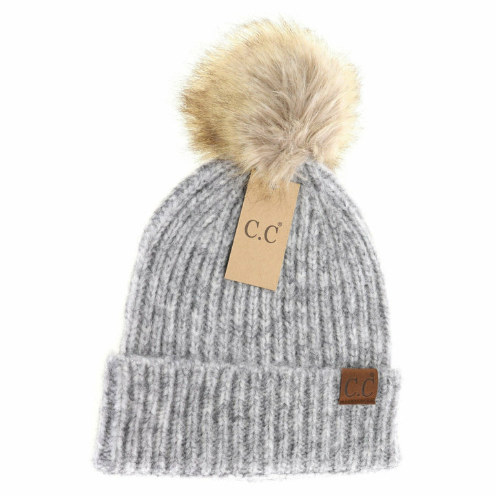 Soft Ribbed Fur Pom C.C Beanie Melange Grey Multi