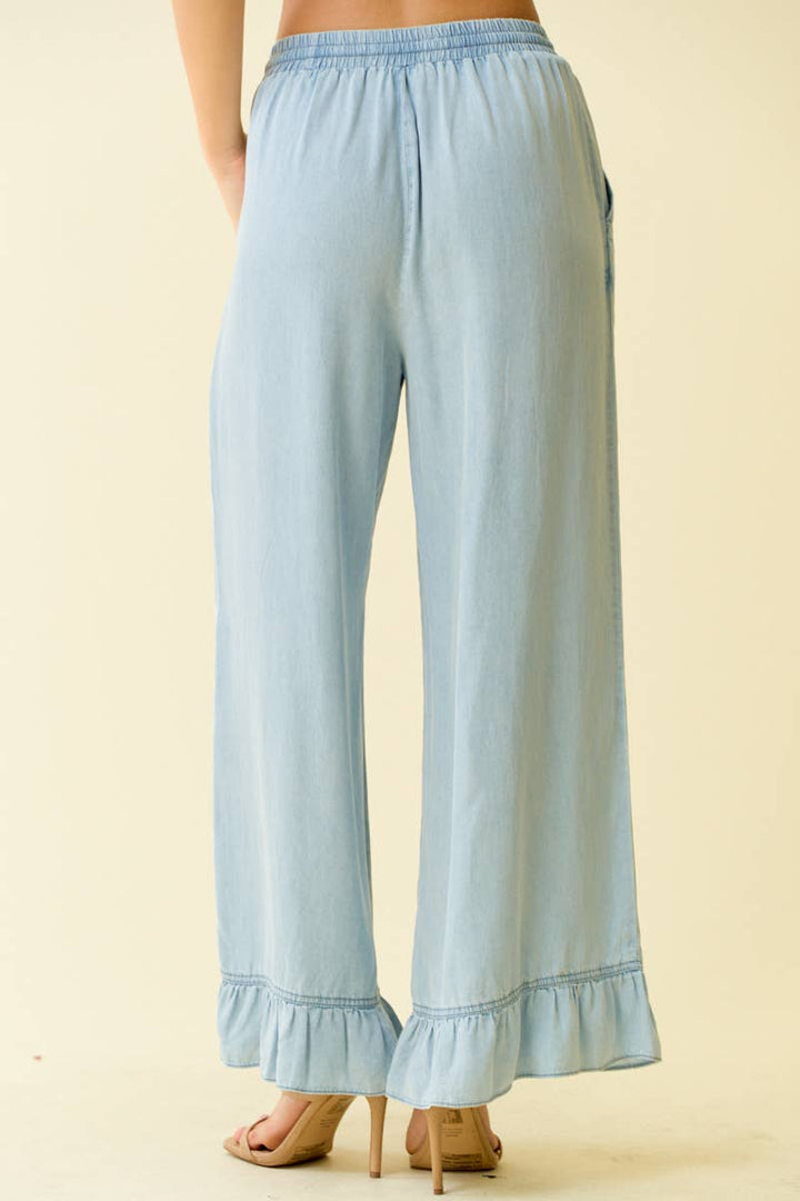 Doe and Rae Denim Ruffle Bottom Wide Leg Pants LT. Denim back