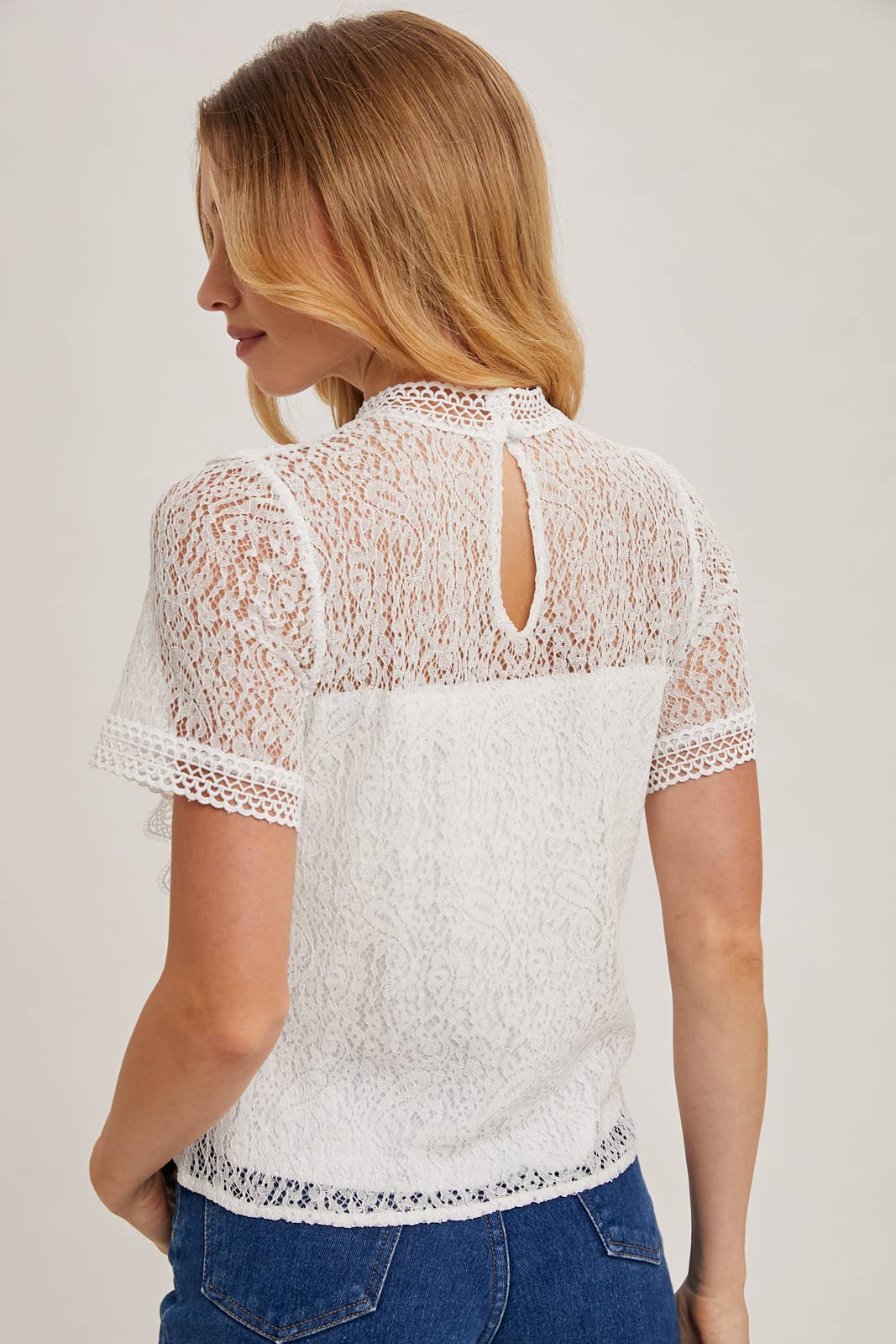 Bluivy Mock Neck Lace Top with Button Back - Ivory