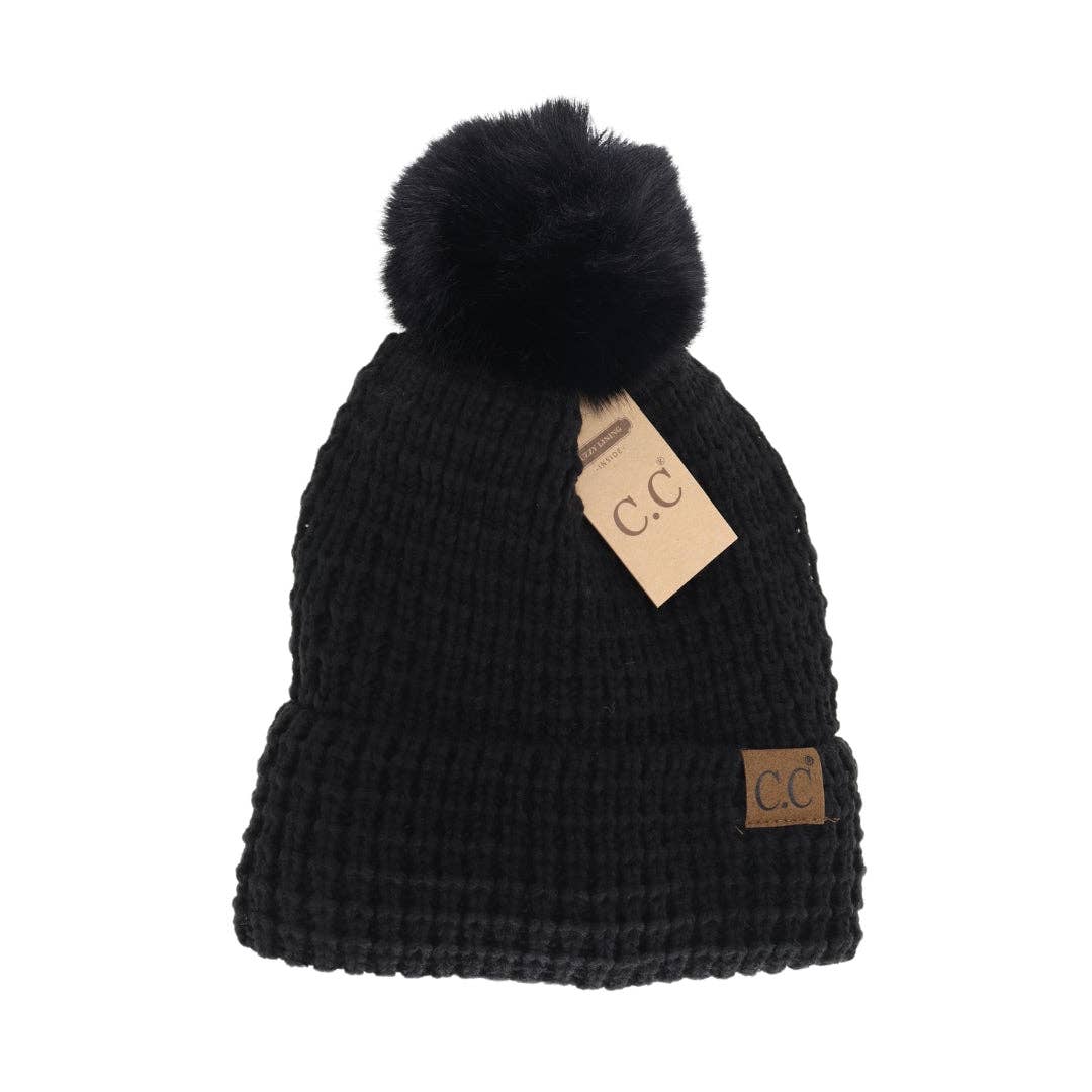 Waffle Knit Faux Fur Pom C.C Beanie Black
