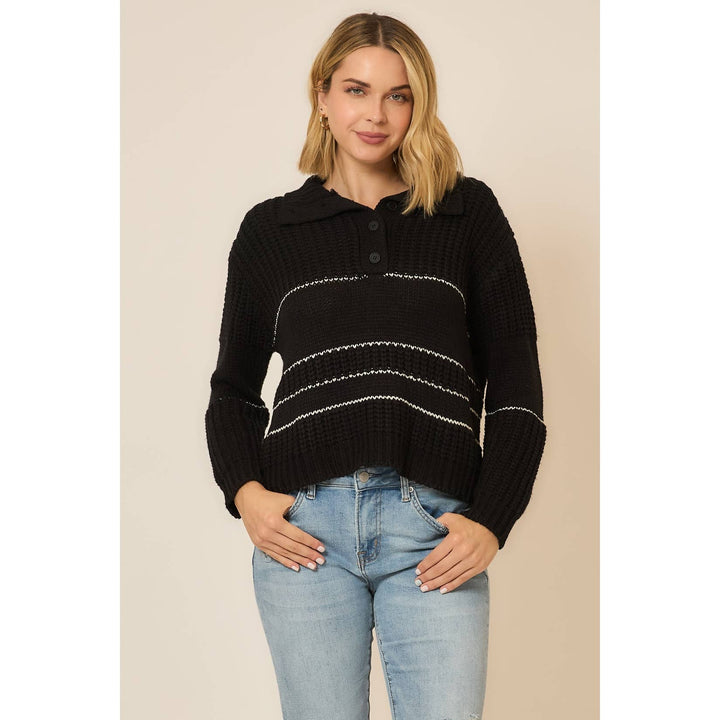 Button Up Knit Sweater with Contrast Stripes in Black