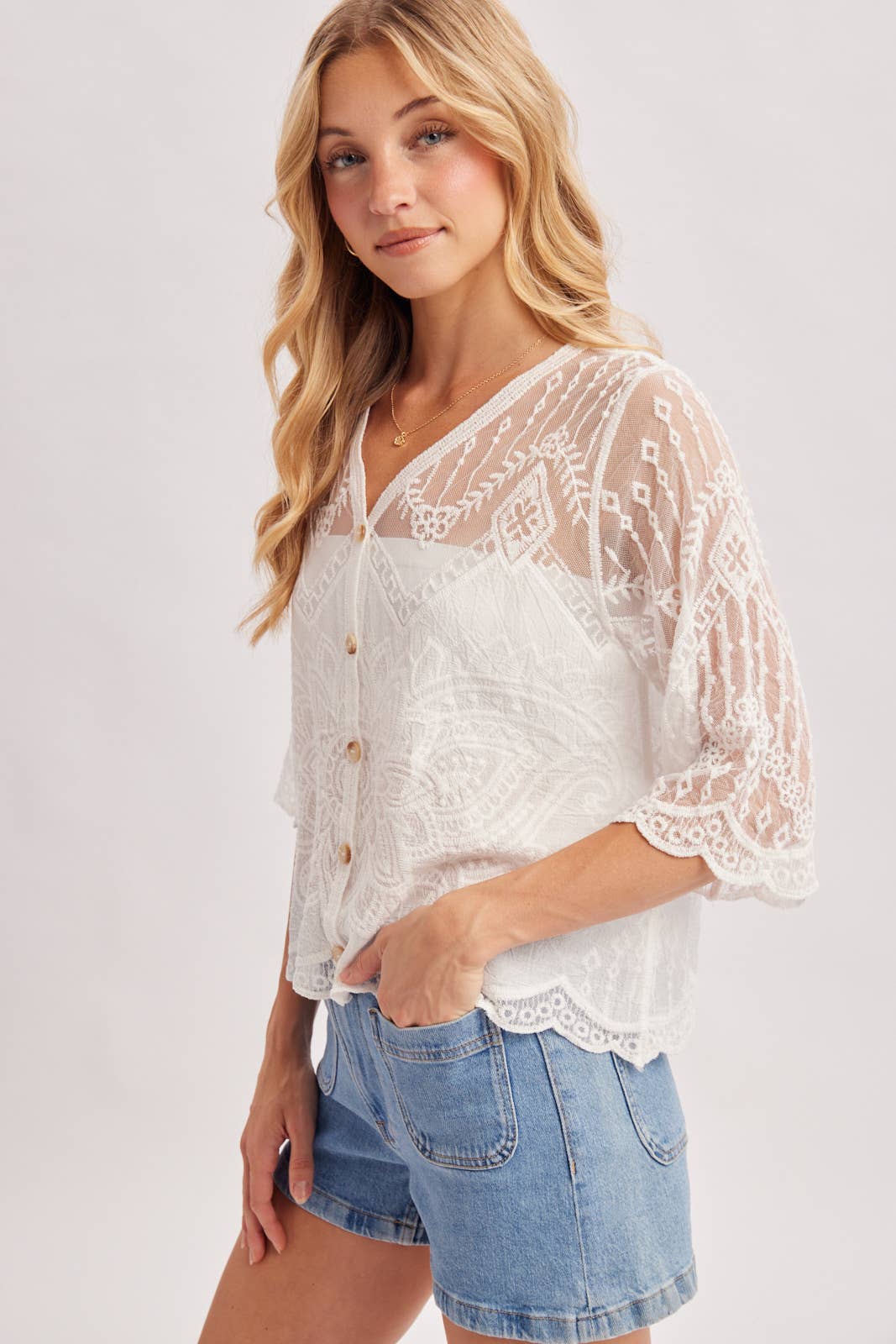 Bluivy Embroidered Mesh Button Down Blouse - Ivory