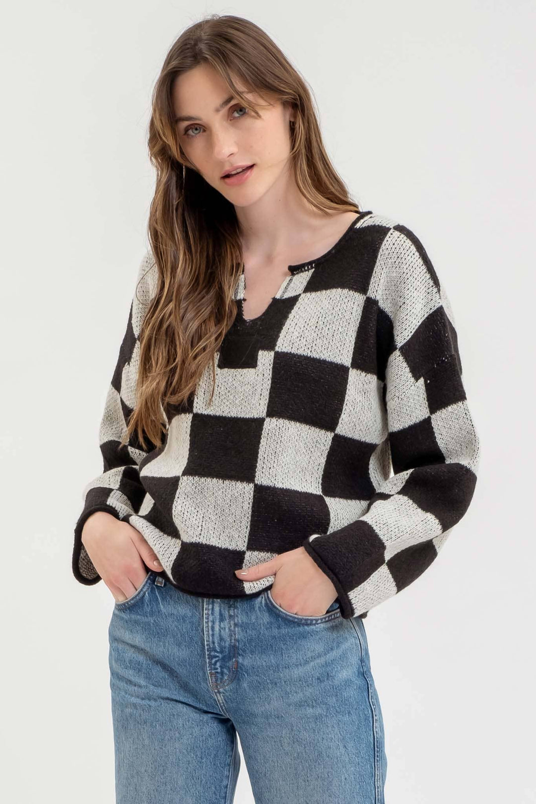 Checkered Long Sleeve Knit Sweater - Shop Emma's 