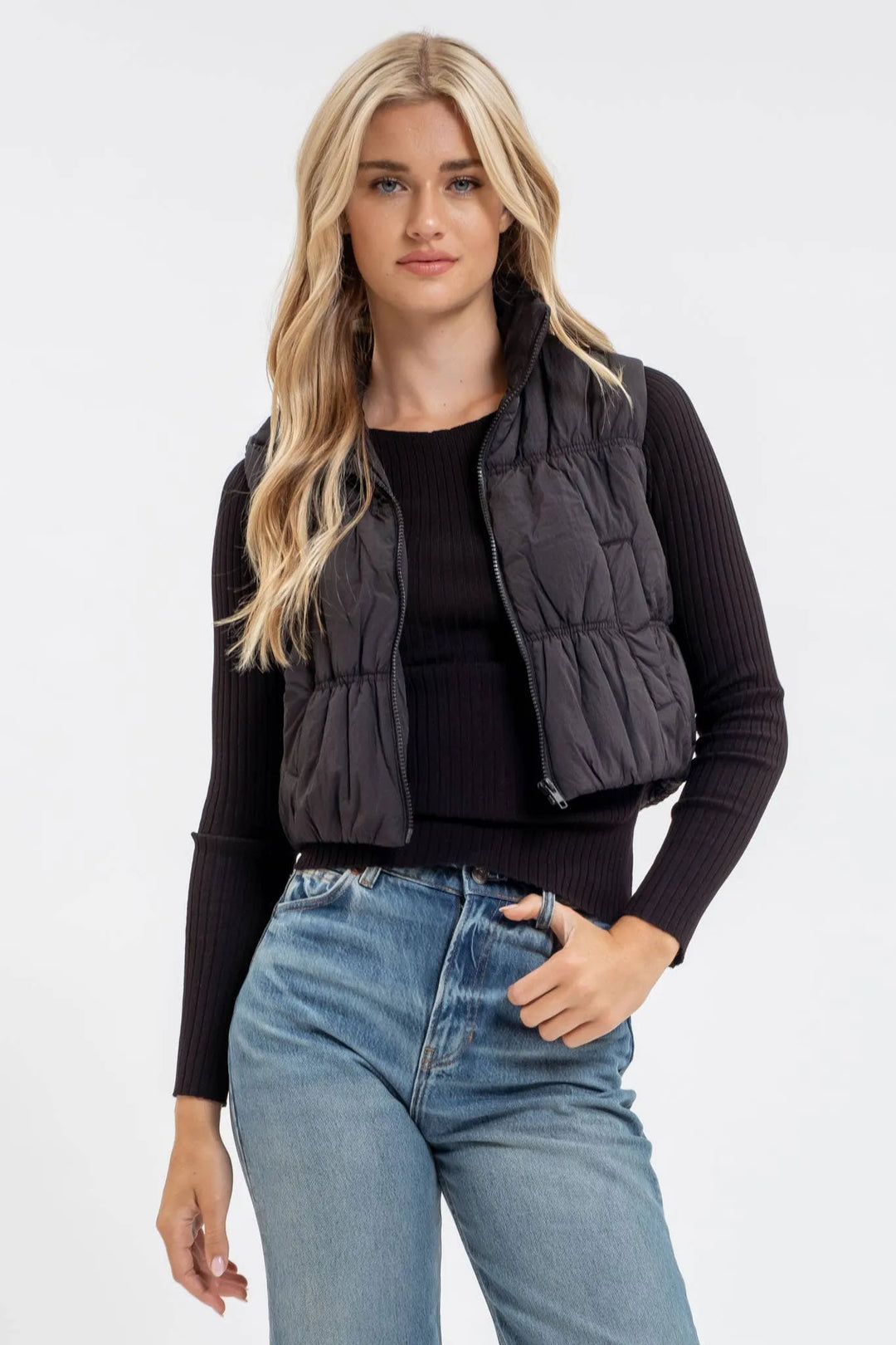 Collared Cropped Puffer Vest - Shop Emma's 