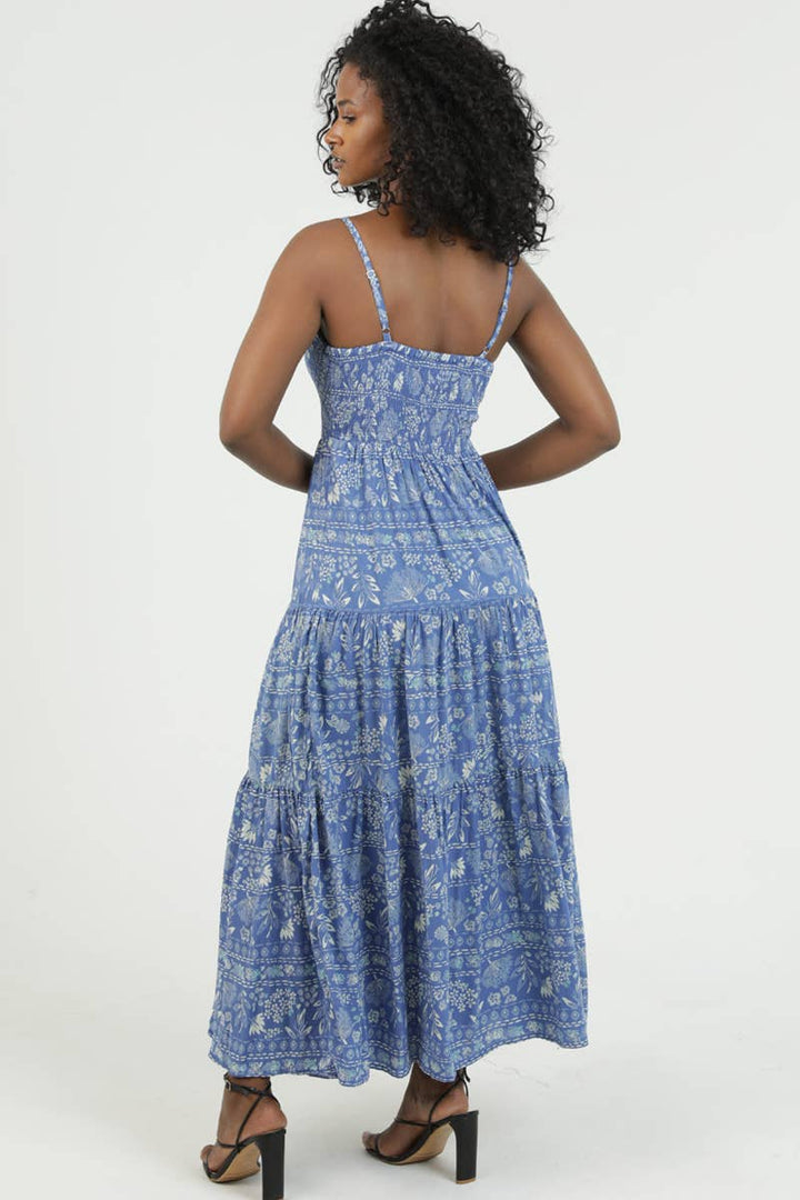 Angie V-Neck Smocked Bodice Maxi Dress in Blue back
