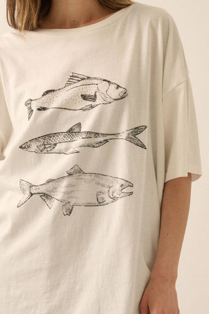 Promesa USA - Three Fishes Garment-Washed Oversize Graphic Tee in Ivory 1