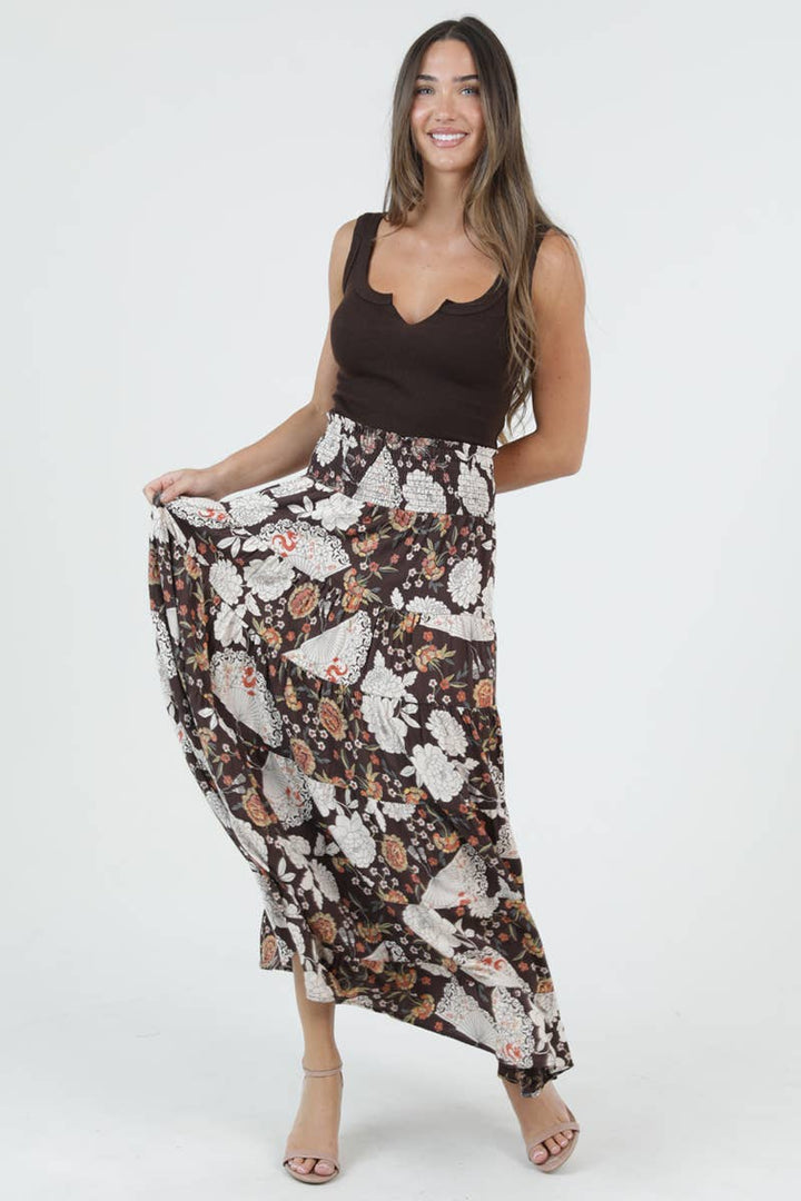 Angie Tiered Maxi Skirt with Smocked Waistband in Espresso 1