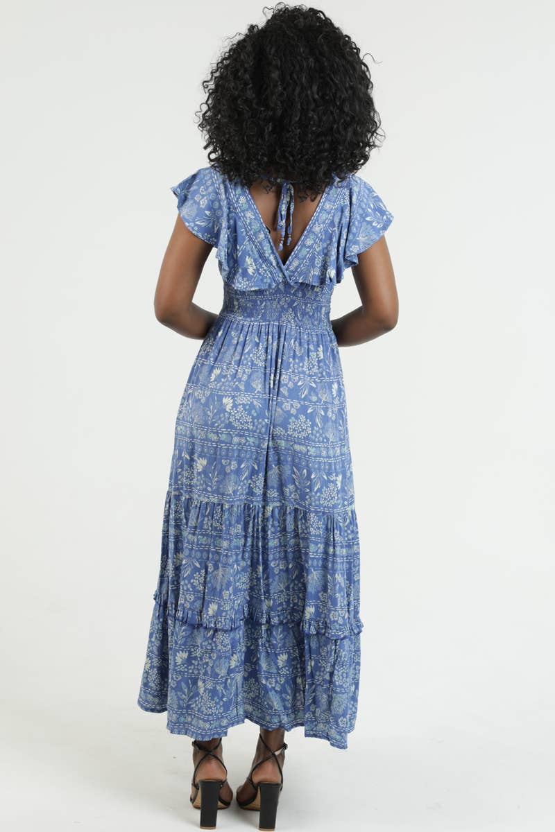 Angie Floral Ruffle Sleeve Dress in Blue back