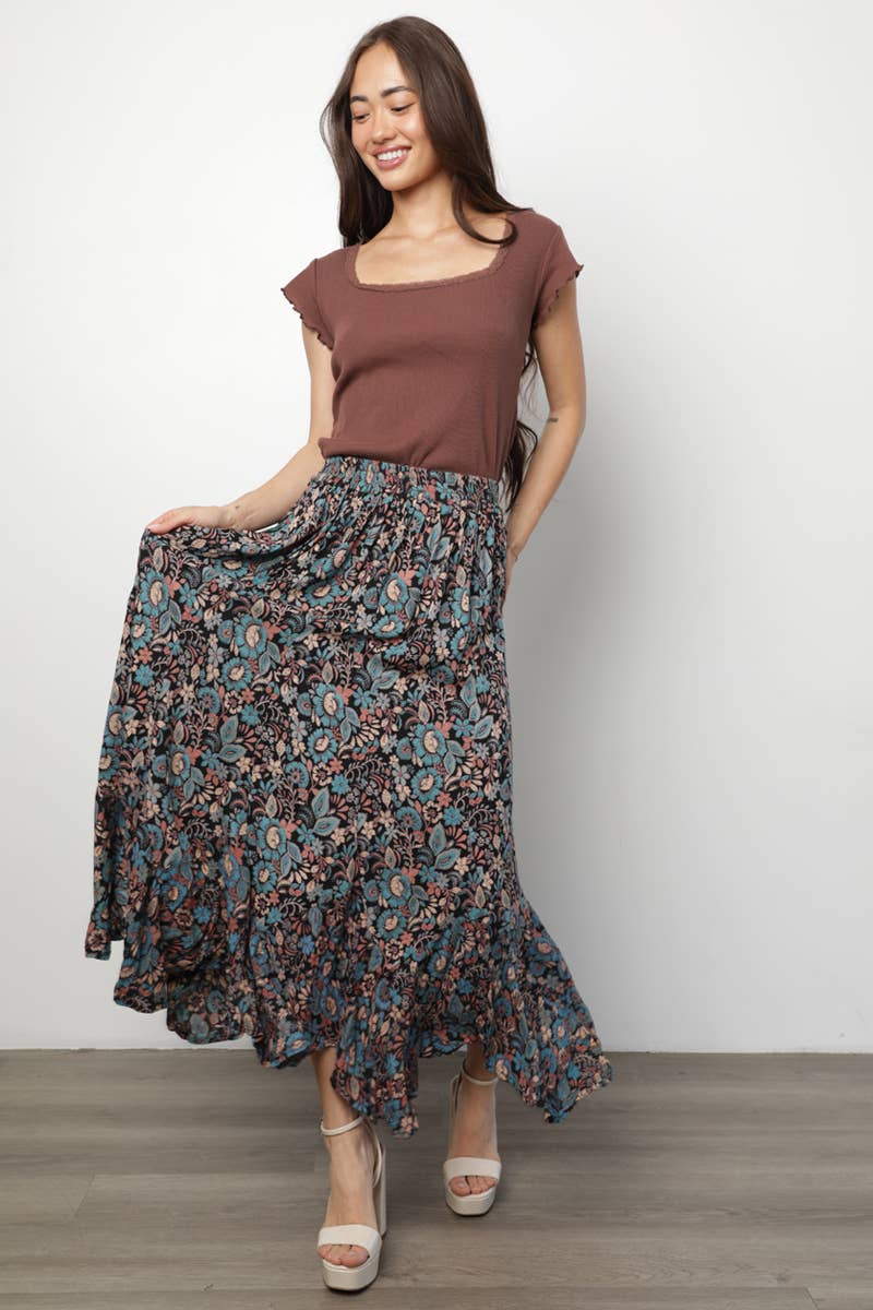 Angie Floral High Waisted Skirt with Ruffles in Black