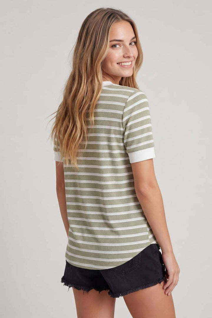 Doe and Rae Split V-Neck Striped Short Sleeve Top in Sage back