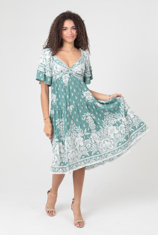 Angie Maxi Flare Sleeve Tiered Dress with Slit in Green