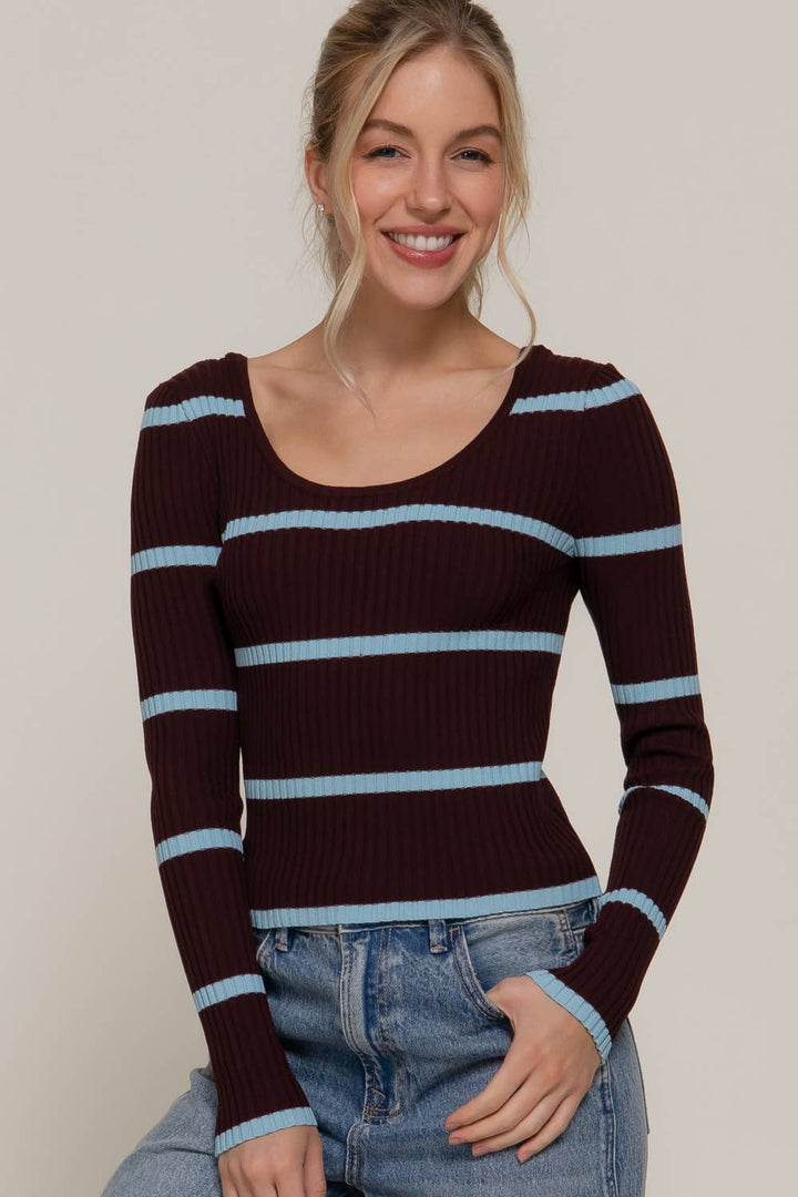 Double Scoop Neck Stripe Sweater Maroon/Light Blue 